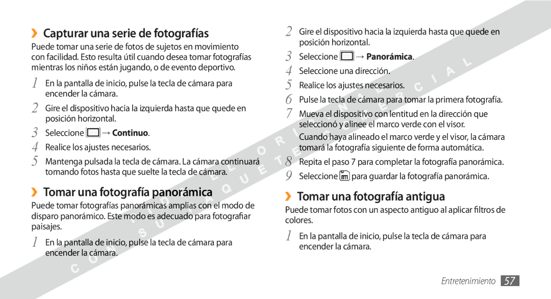 Samsung GT-S8530BAAATL, GT-S8530BAAAMN manual ››Capturar una serie de fotografías, ››Tomar una fotografía panorámica 