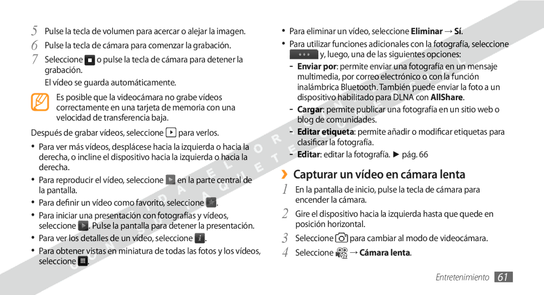 Samsung GT-S8530BAAFOP, GT-S8530BAAAMN manual ››Capturar un vídeo en cámara lenta, Luego, una de las siguientes opciones 