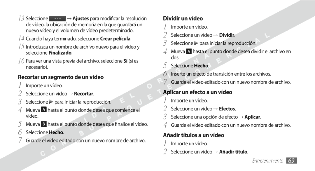 Samsung GT-S8530BAAXEC, GT-S8530BAAAMN manual Recortar un segmento de un vídeo 1 Importe un vídeo, Dividir un vídeo 