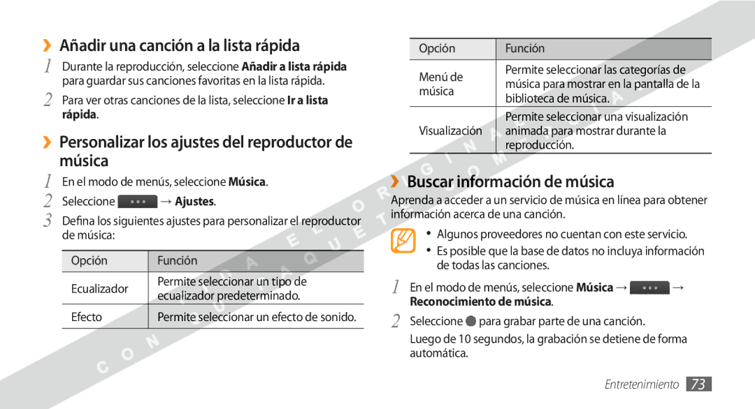 Samsung GT-S8530BAAYOG manual ››Añadir una canción a la lista rápida, ››Personalizar los ajustes del reproductor de música 