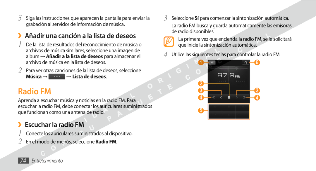 Samsung GT-S8530BAAXEC, GT-S8530BAAAMN manual Radio FM, ››Añadir una canción a la lista de deseos, ››Escuchar la radio FM 