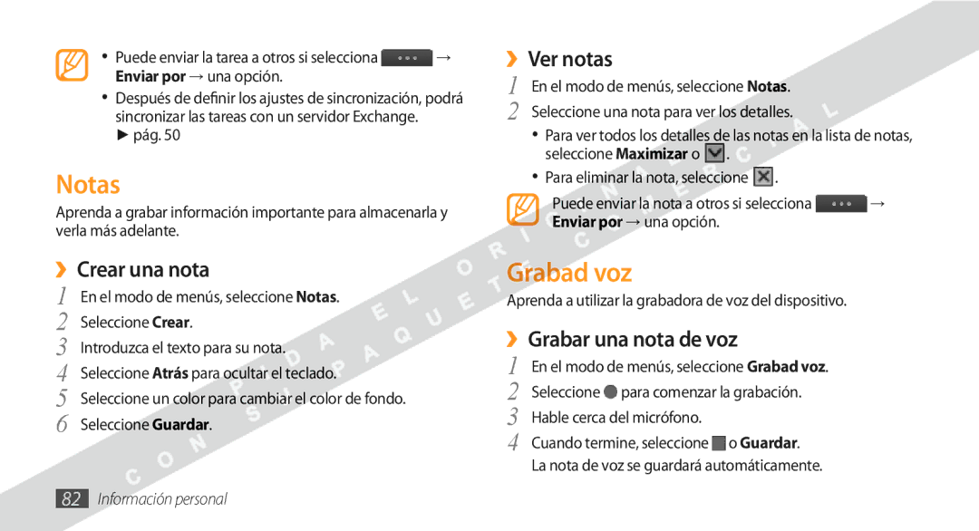 Samsung GT-S8530BAAATL, GT-S8530BAAAMN manual Notas, Grabad voz, ››Crear una nota, ››Ver notas, ››Grabar una nota de voz 