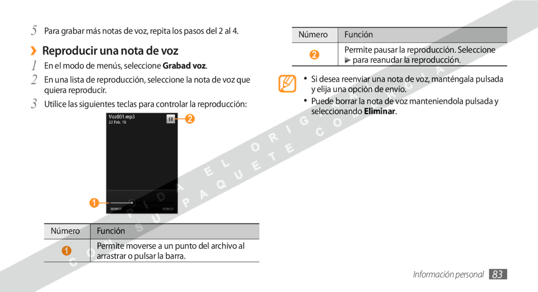 Samsung GT-S8530BAAYOG manual ››Reproducir una nota de voz, Para grabar más notas de voz, repita los pasos del 2 al 