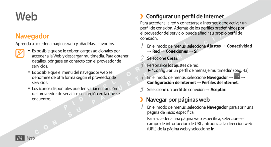 Samsung GT-S8530BAAXEC manual Navegador, ››Configurar un perfil de Internet, ››Navegar por páginas web, 84 Web 