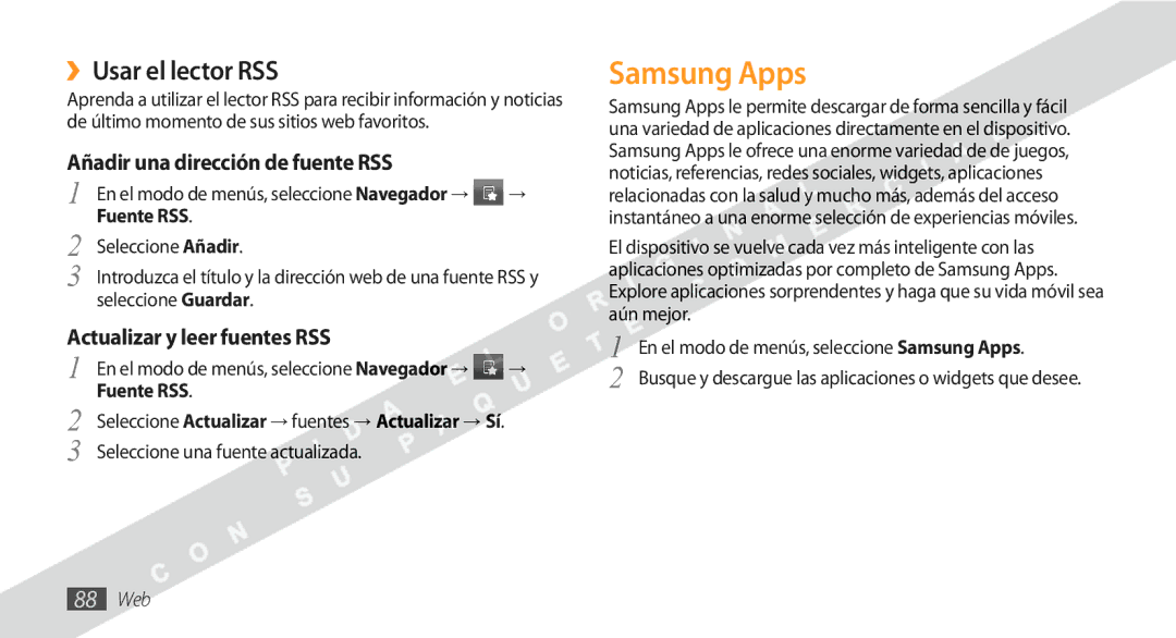 Samsung GT-S8530BAAYOG, GT-S8530BAAAMN Samsung Apps, ››Usar el lector RSS, Añadir una dirección de fuente RSS, Fuente RSS 