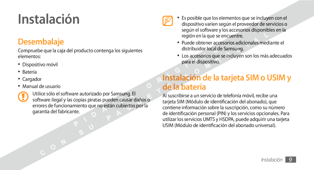 Samsung GT-S8530BAAXEC, GT-S8530BAAAMN manual Desembalaje, Instalación de la tarjeta SIM o Usim y de la batería 