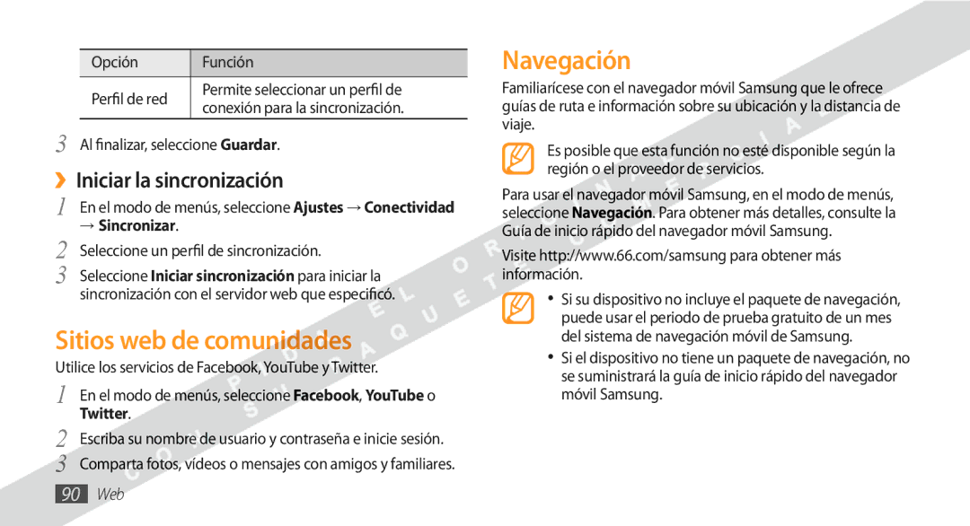 Samsung GT-S8530BAAAMN, GT-S8530BAAFOP manual Sitios web de comunidades, Navegación, ››Iniciar la sincronización, 90 Web 