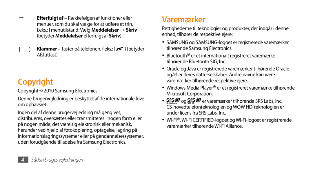 Samsung GT-S8530BAANEE, GT-S8530HKANEE, GT-S8530ISANEE, GT-S8530LIANEE manual Copyright, Varemærker, Afsluttast 