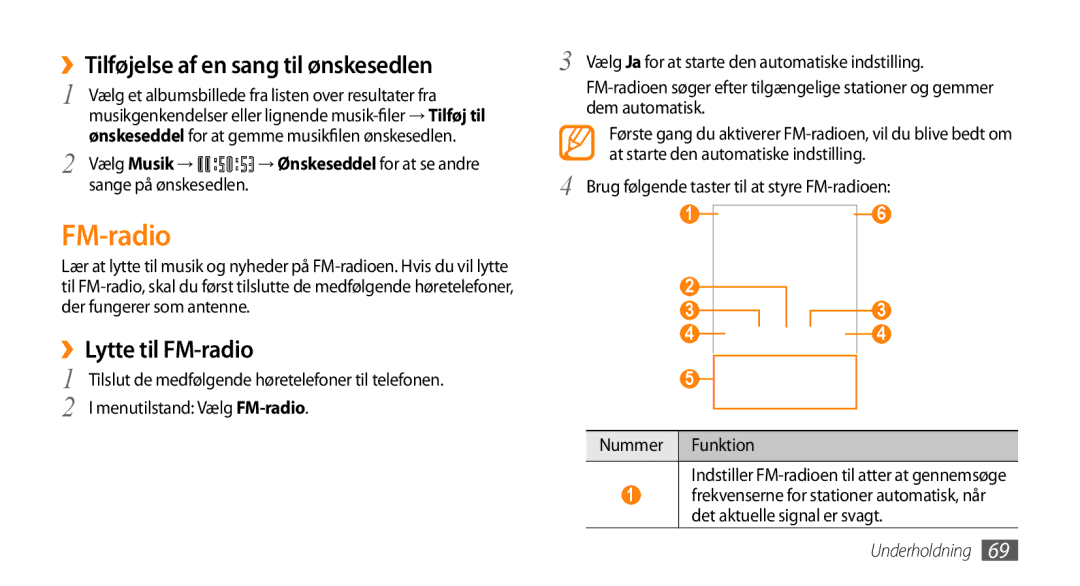 Samsung GT-S8530HKANEE manual ››Tilføjelse af en sang til ønskesedlen, ››Lytte til FM-radio, Menutilstand Vælg FM-radio 