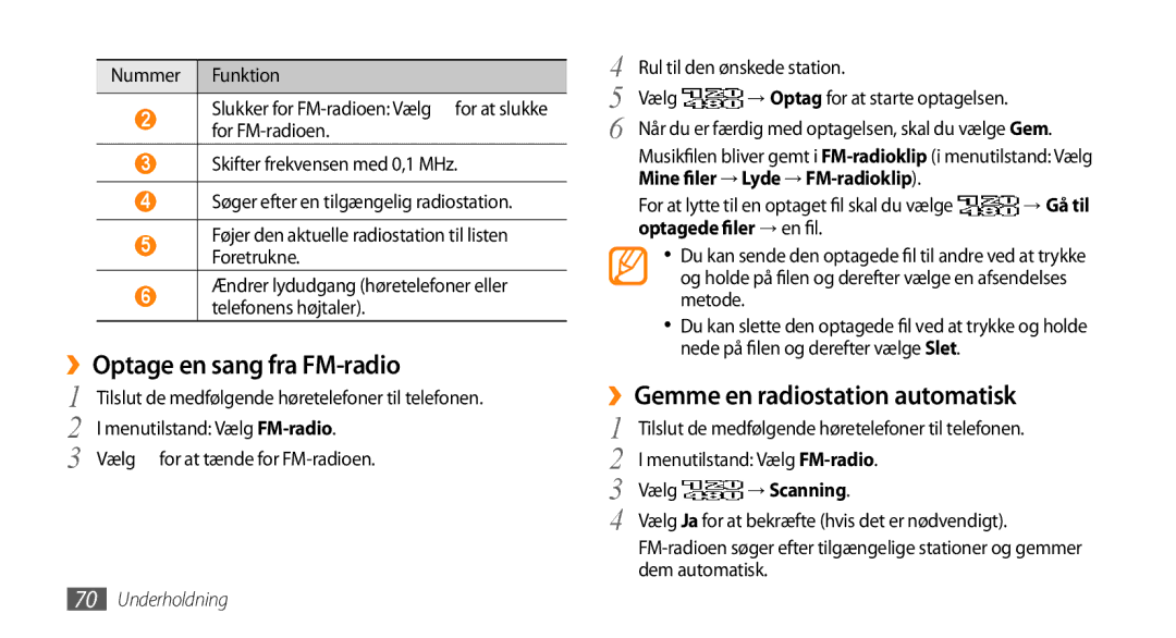 Samsung GT-S8530ISANEE ››Optage en sang fra FM-radio, ››Gemme en radiostation automatisk, Mine filer→ Lyde → FM-radioklip 