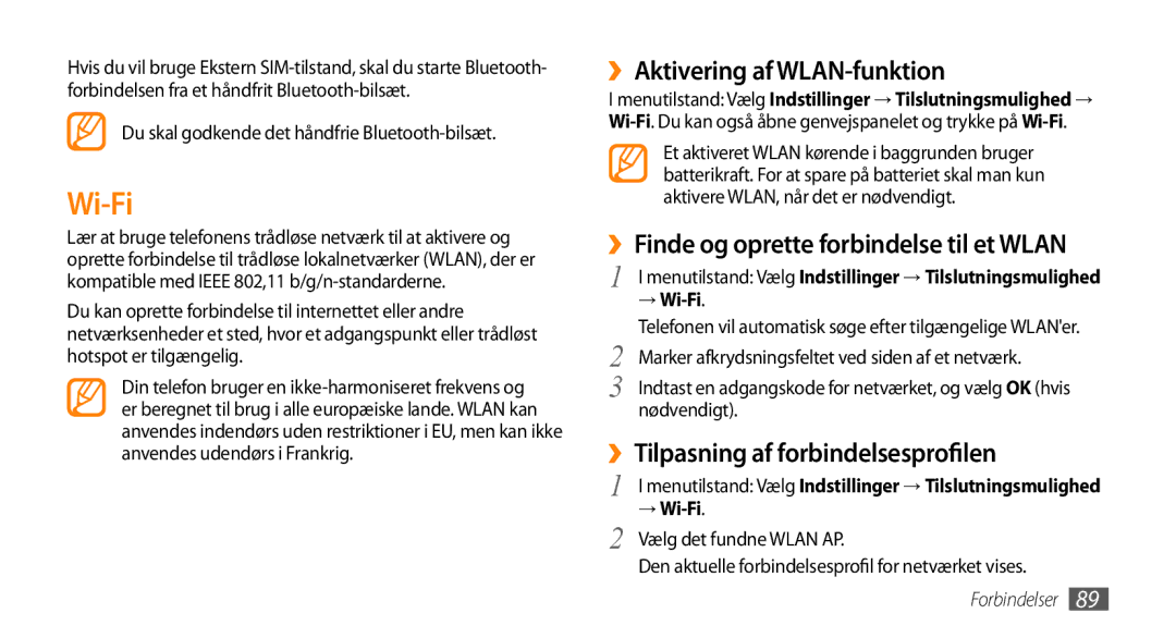 Samsung GT-S8530HKANEE manual ››Aktivering af WLAN-funktion, ››Finde og oprette forbindelse til et Wlan, → Wi-Fi 