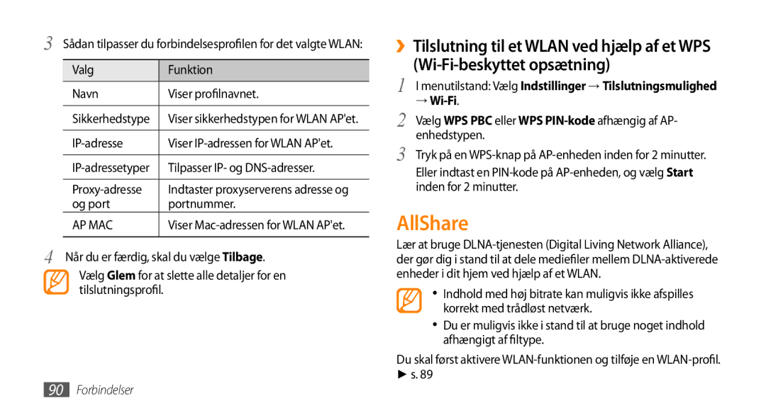 Samsung GT-S8530ISANEE manual AllShare, Valg Funktion Navn Viser profilnavnet, IP-adresse, Tilpasser IP- og DNS-adresser 