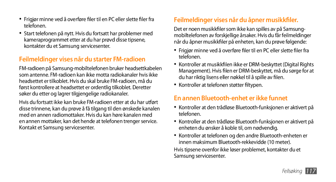 Samsung GT-S8530HKANEE manual Feilmeldinger vises når du starter FM-radioen, Kontroller at telefonen støtter filtypen 