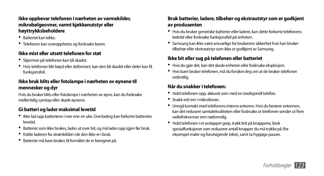 Samsung GT-S8530LIANEE, GT-S8530BAANEE Ikke mist eller utsett telefonen for støt, Gi batteri og lader maksimal levetid 