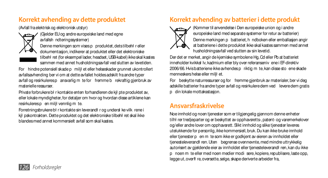 Samsung GT-S8530ISANEE, GT-S8530BAANEE, GT-S8530HKANEE, GT-S8530LIANEE manual Korrekt avhending av dette produktet 