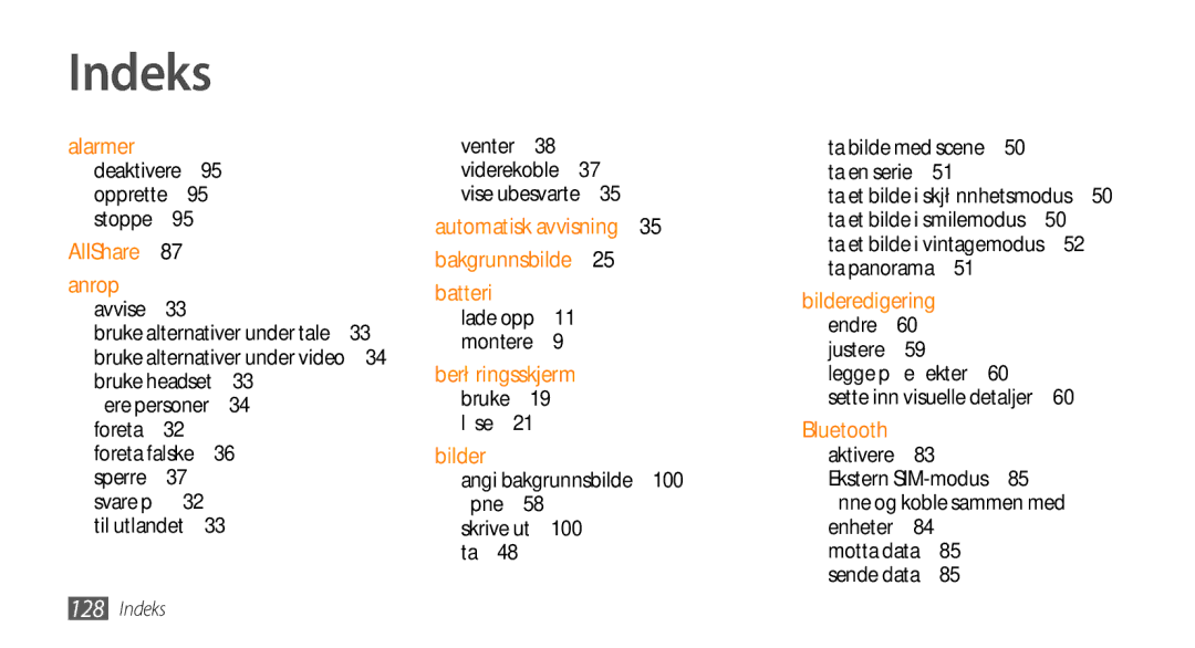 Samsung GT-S8530BAANEE, GT-S8530HKANEE, GT-S8530ISANEE, GT-S8530LIANEE manual Indeks 