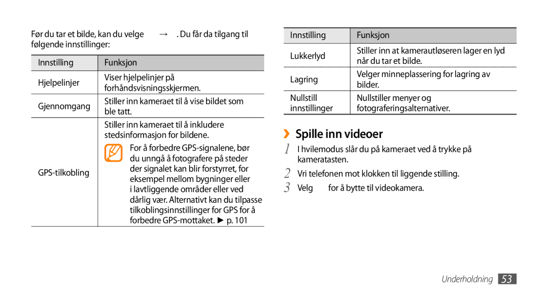 Samsung GT-S8530HKANEE, GT-S8530BAANEE, GT-S8530ISANEE, GT-S8530LIANEE manual ››Spille inn videoer 