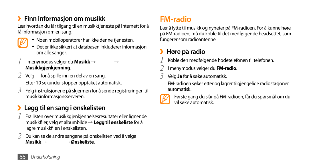 Samsung GT-S8530ISANEE manual FM-radio, ››Finn informasjon om musikk, ››Legg til en sang i ønskelisten, ››Høre på radio 