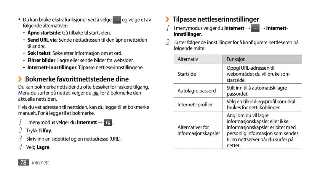 Samsung GT-S8530ISANEE manual ››Bokmerke favorittnettstedene dine, ››Tilpasse nettleserinnstillinger, Innstillinger 