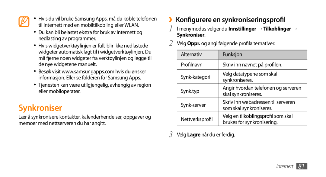 Samsung GT-S8530HKANEE, GT-S8530BAANEE, GT-S8530ISANEE, GT-S8530LIANEE Synkroniser, ››Konfigurere en synkroniseringsprofil 