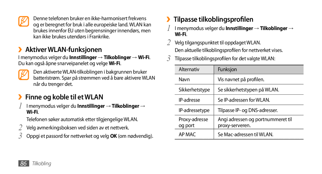 Samsung GT-S8530ISANEE ››Aktiver WLAN-funksjonen, ››Finne og koble til et Wlan, ››Tilpasse tilkoblingsprofilen, Wi-Fi 