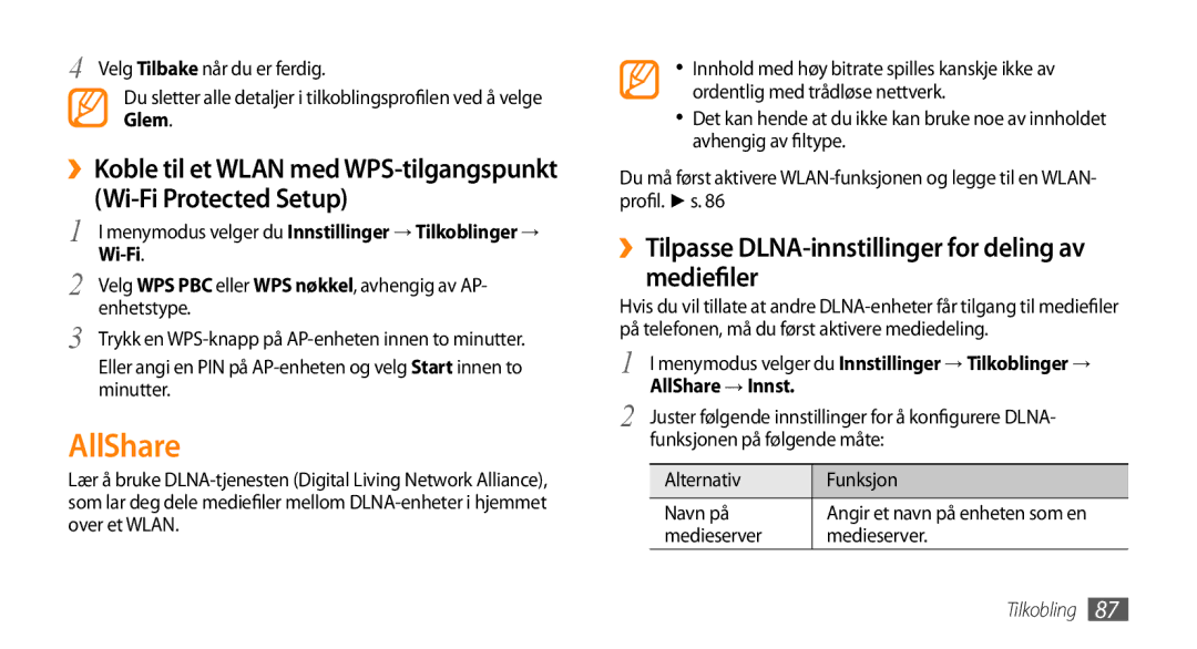 Samsung GT-S8530LIANEE manual AllShare, ››Tilpasse DLNA-innstillinger for deling av mediefiler, Enhetstype, Medieserver 