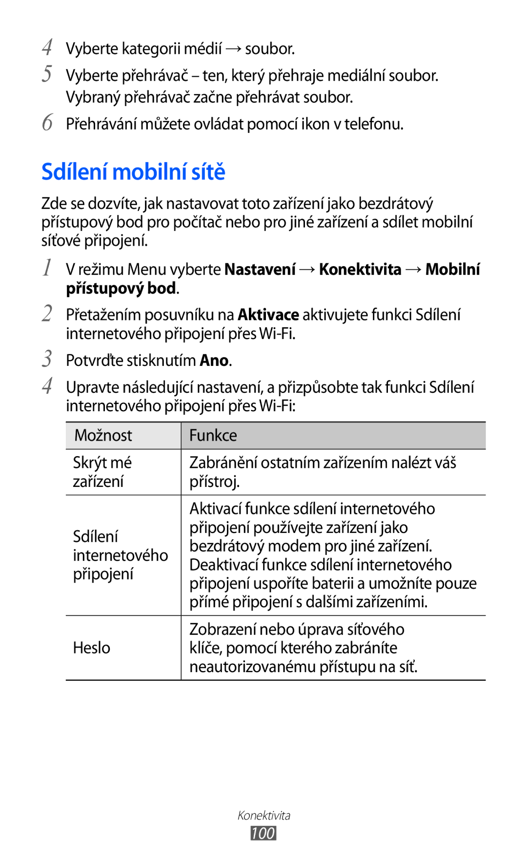 Samsung GT-S8530BAAORS, GT-S8530BAATMZ manual Sdílení mobilní sítě, Přehrávání můžete ovládat pomocí ikon v telefonu, 100 