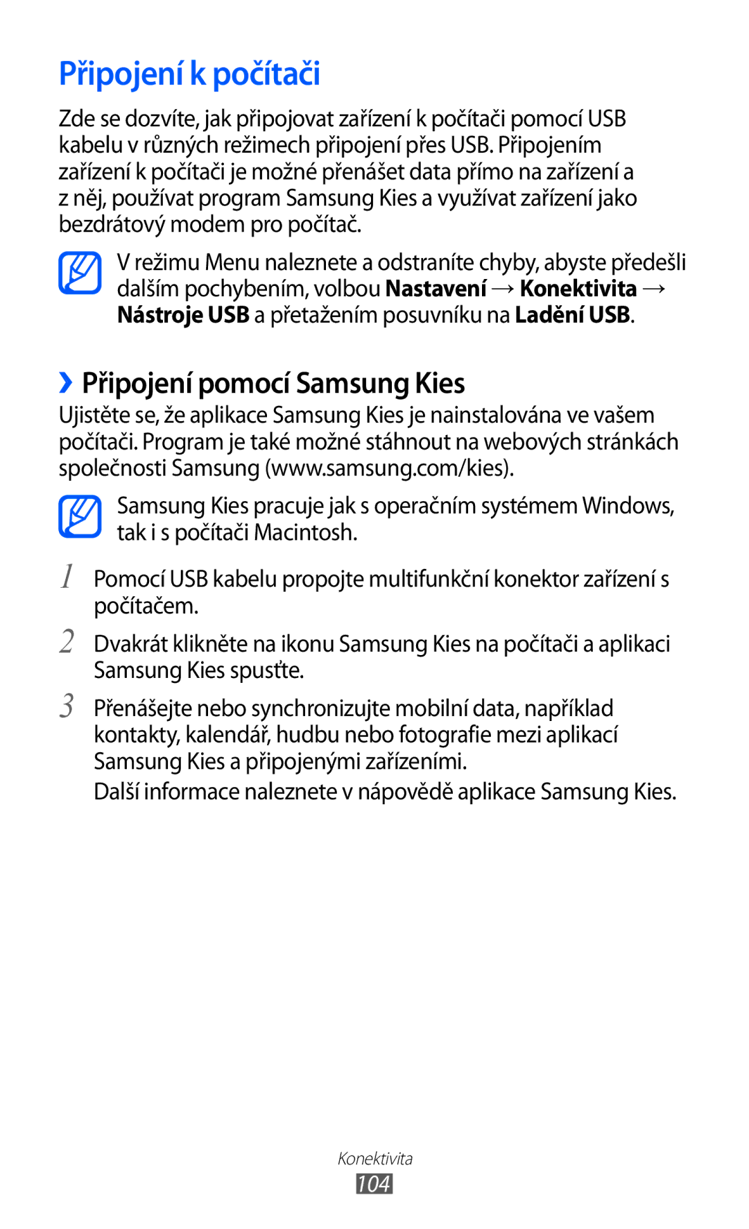 Samsung GT-S8530BAAORS, GT-S8530BAATMZ, GT-S8530ISAXEZ manual Připojení k počítači, ››Připojení pomocí Samsung Kies, 104 