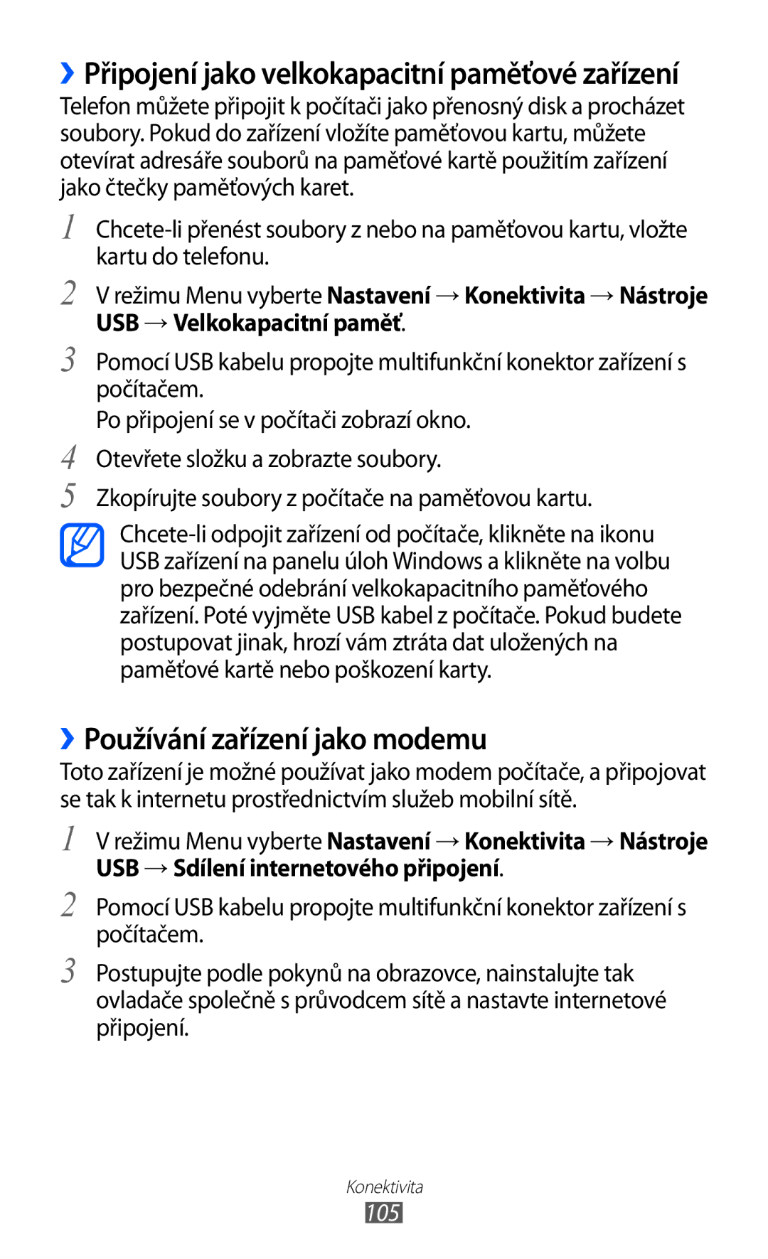 Samsung GT-S8530BAATMZ manual ››Používání zařízení jako modemu, Zkopírujte soubory z počítače na paměťovou kartu, 105 