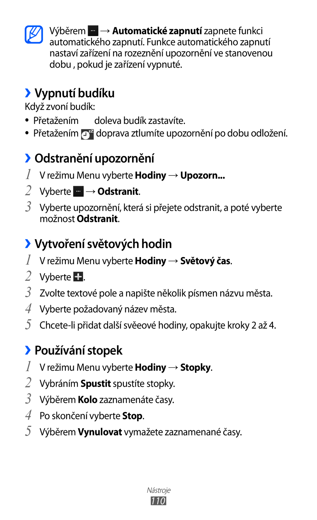 Samsung GT-S8530ISAXEZ ››Vypnutí budíku, ››Odstranění upozornění, ››Vytvoření světových hodin, ››Používání stopek, 110 