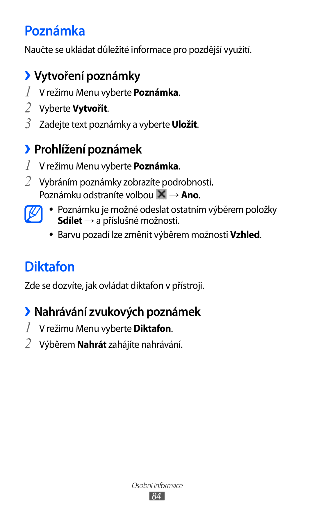 Samsung GT-S8530BAAORS Poznámka, Diktafon, ››Vytvoření poznámky, ››Prohlížení poznámek, ››Nahrávání zvukových poznámek 