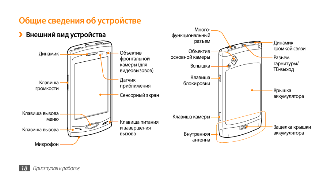 Samsung GT-S8530HKASER, GT-S8530BAASEB manual Общие сведения об устройстве, ››Внешний вид устройства, 18 Приступая к работе 