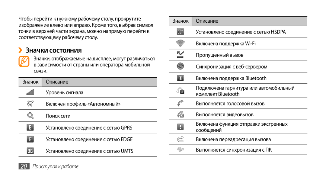 Samsung GT-S8530BAASEB, GT-S8530BAASER, GT-S8530LIASER, GT-S8530HKASER manual ››Значки состояния, 20 Приступая к работе 