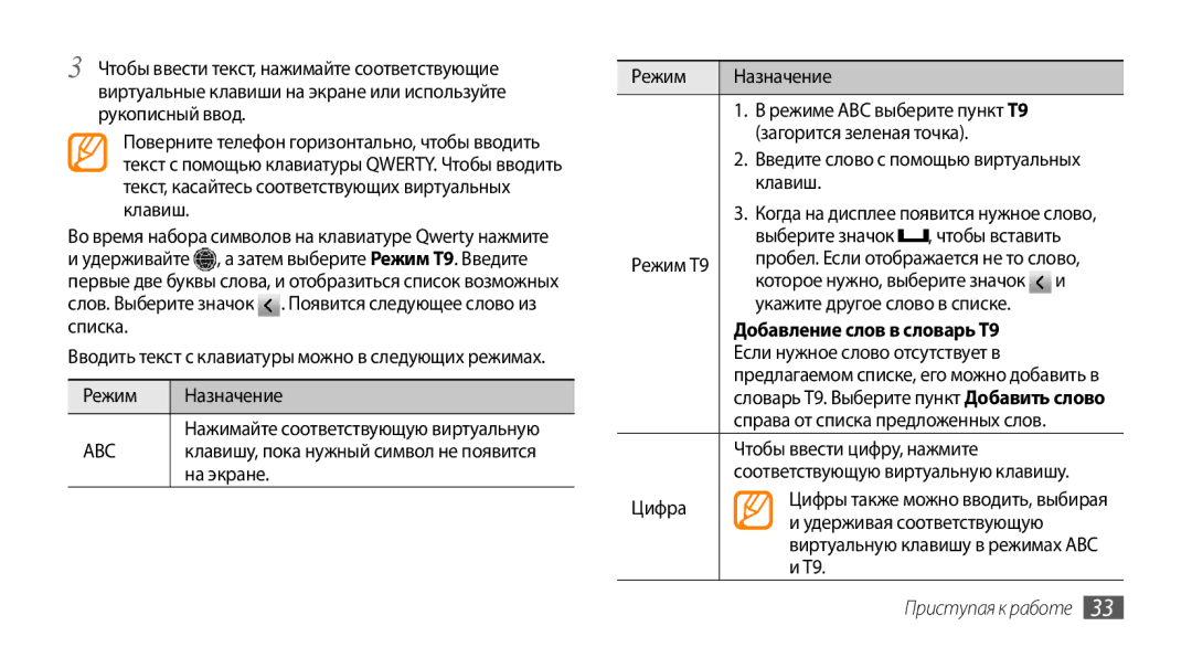 Samsung GT-S8530HKASER, GT-S8530BAASEB, GT-S8530BAASER manual Режим Назначение, На экране, Чтобы ввести цифру, нажмите, Цифра 