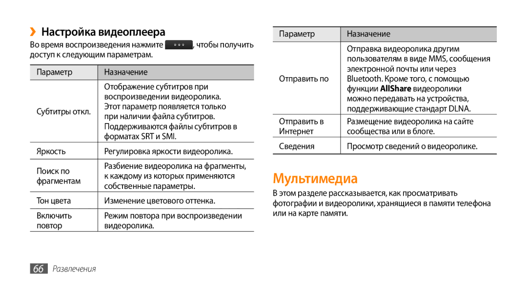 Samsung GT-S8530BAASER, GT-S8530BAASEB, GT-S8530LIASER, GT-S8530HKASER Мультимедиа, ››Настройка видеоплеера, 66 Развлечения 