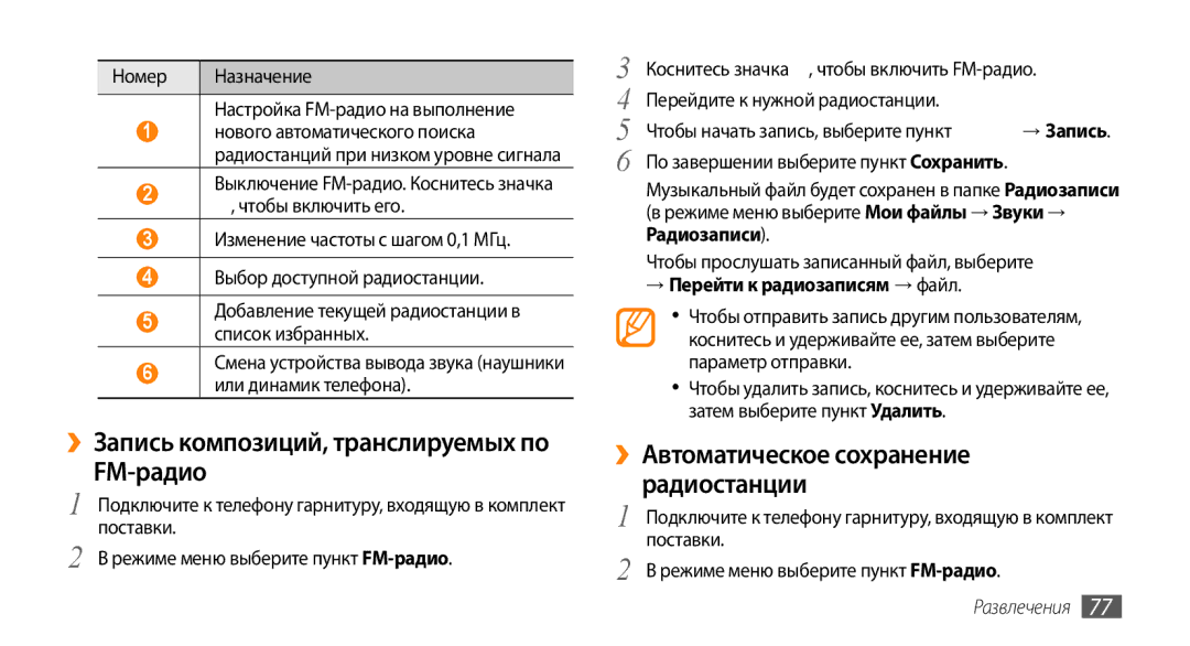 Samsung GT-S8530LIASER ››Запись композиций, транслируемых по FM-радио, Номер Назначение Настройка FM-радио на выполнение 