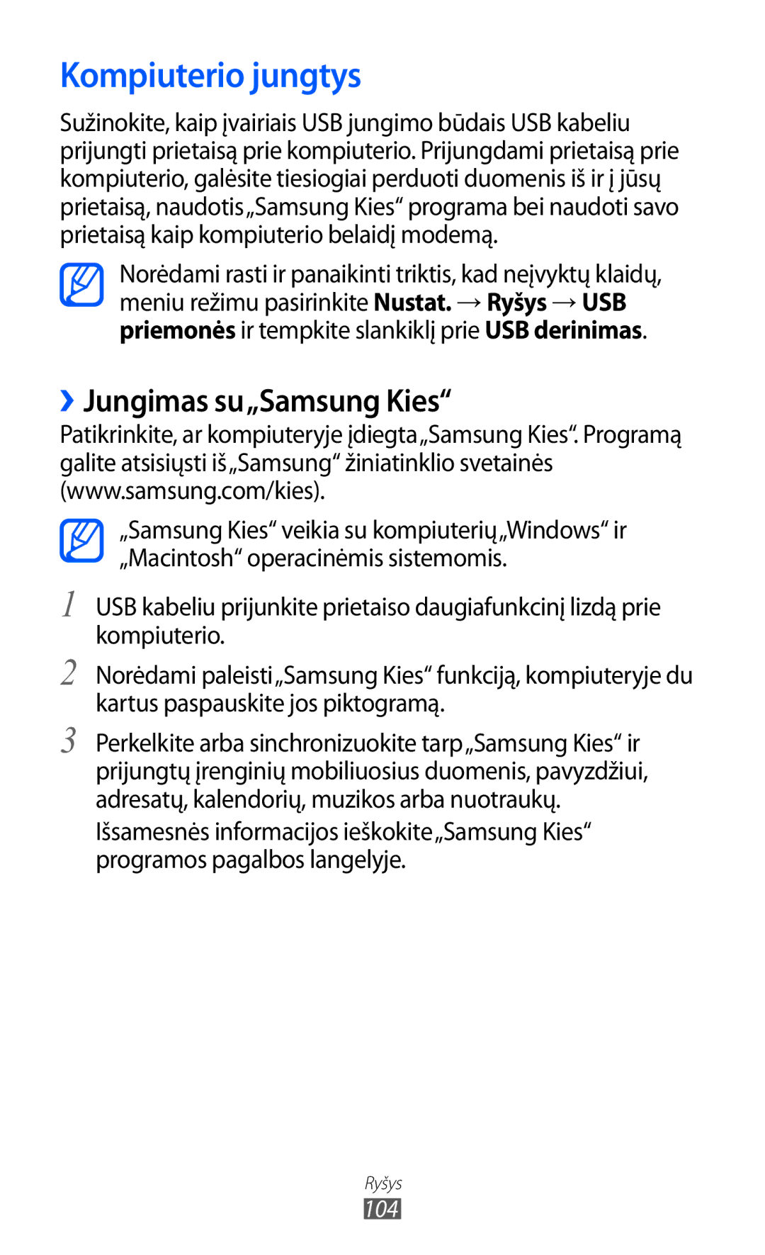 Samsung GT-S8530BAASEB manual Kompiuterio jungtys, ››Jungimas su„Samsung Kies 