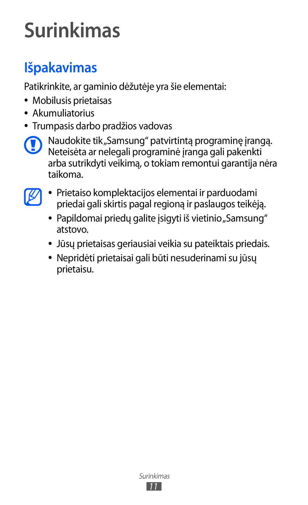 Samsung GT-S8530BAASEB manual Surinkimas, Išpakavimas 