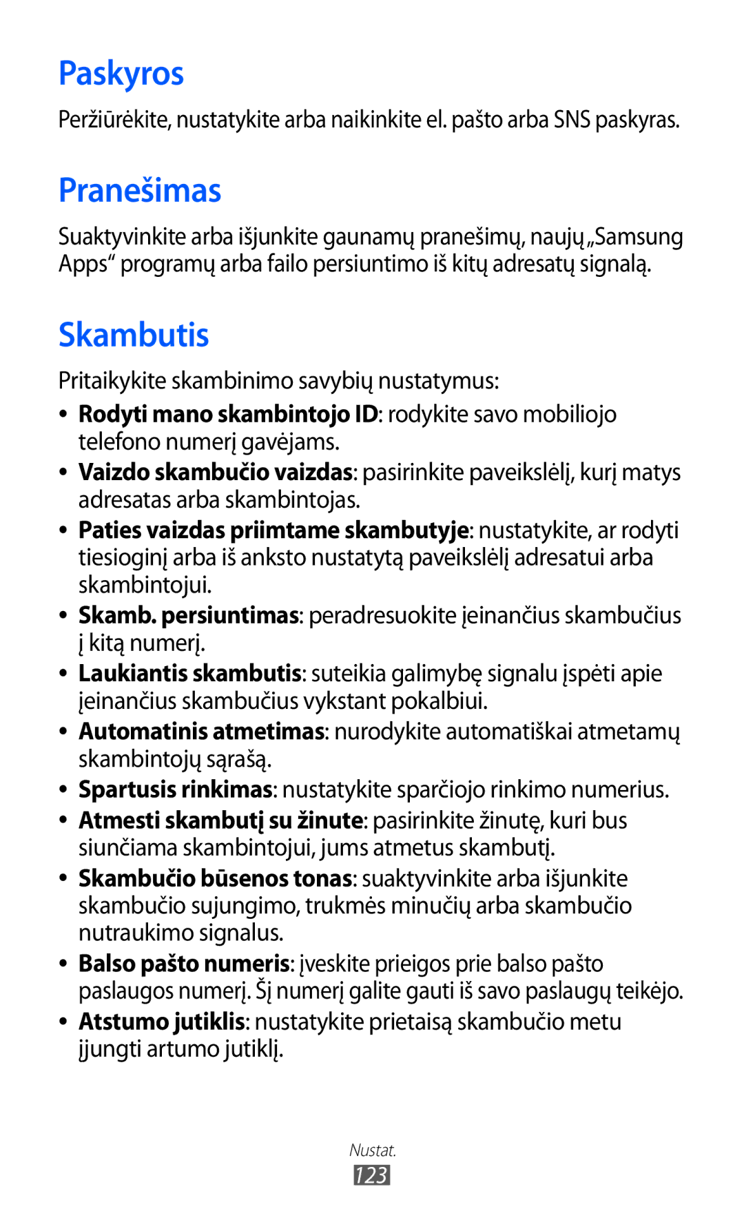 Samsung GT-S8530BAASEB manual Paskyros, Pranešimas, Skambutis, Pritaikykite skambinimo savybių nustatymus 