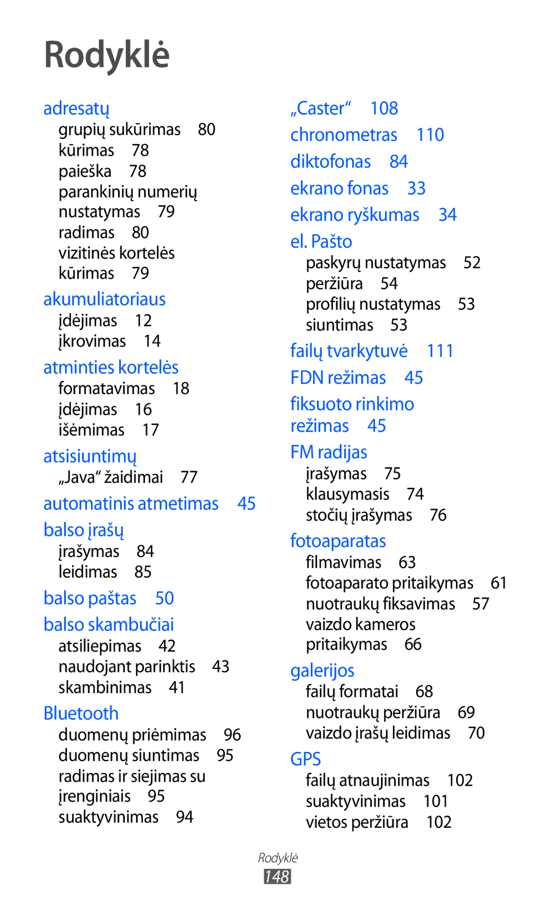 Samsung GT-S8530BAASEB manual Rodyklė, Adresatų 