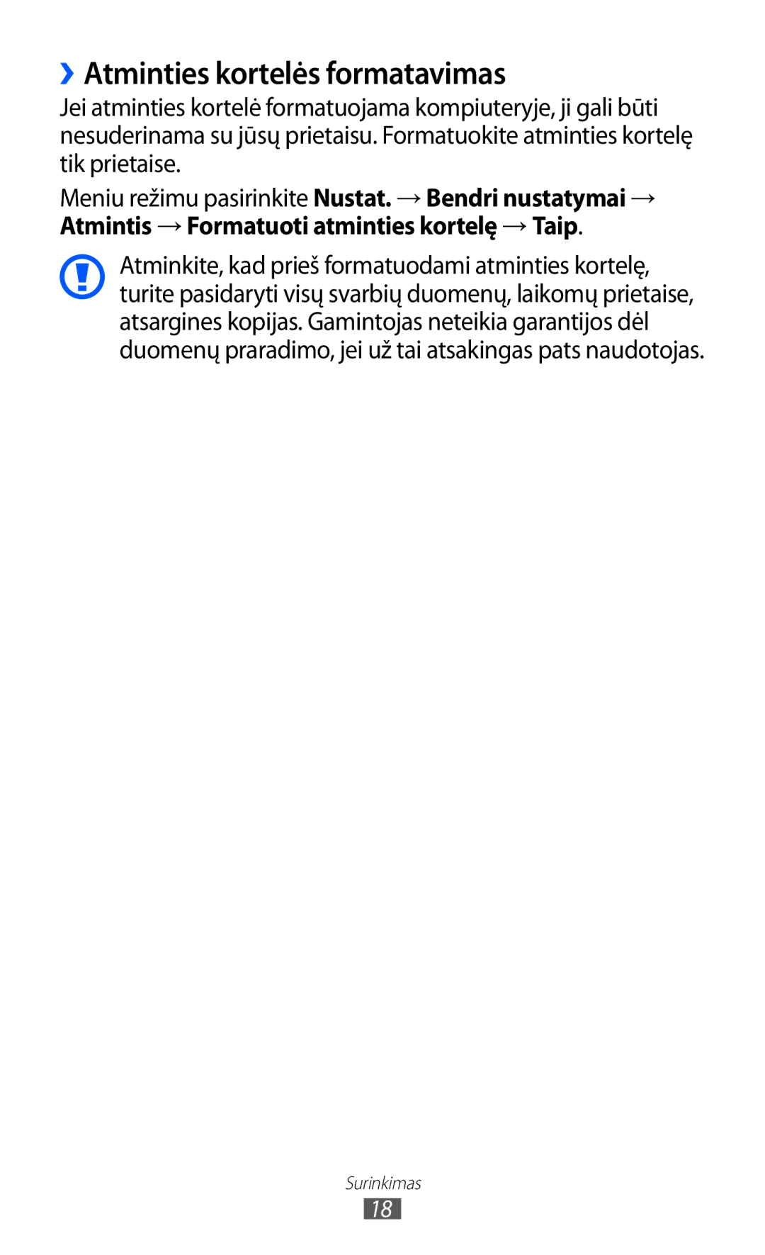 Samsung GT-S8530BAASEB manual ››Atminties kortelės formatavimas 