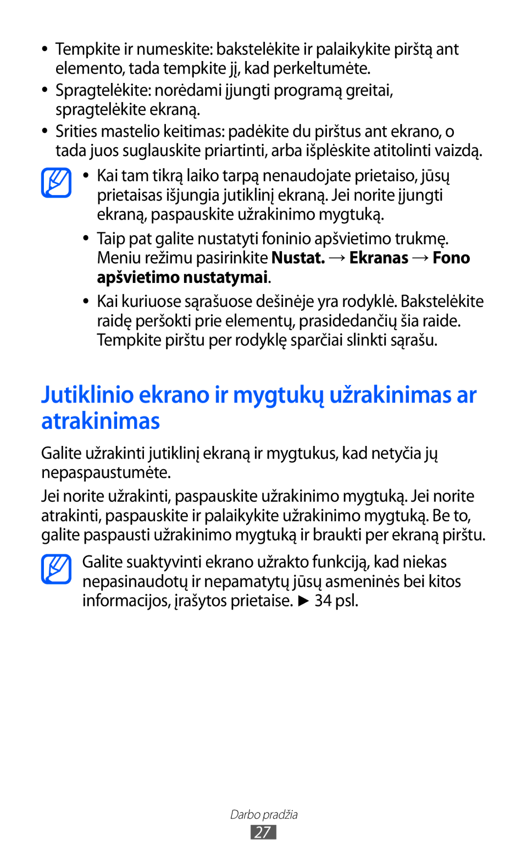 Samsung GT-S8530BAASEB manual Jutiklinio ekrano ir mygtukų užrakinimas ar atrakinimas 