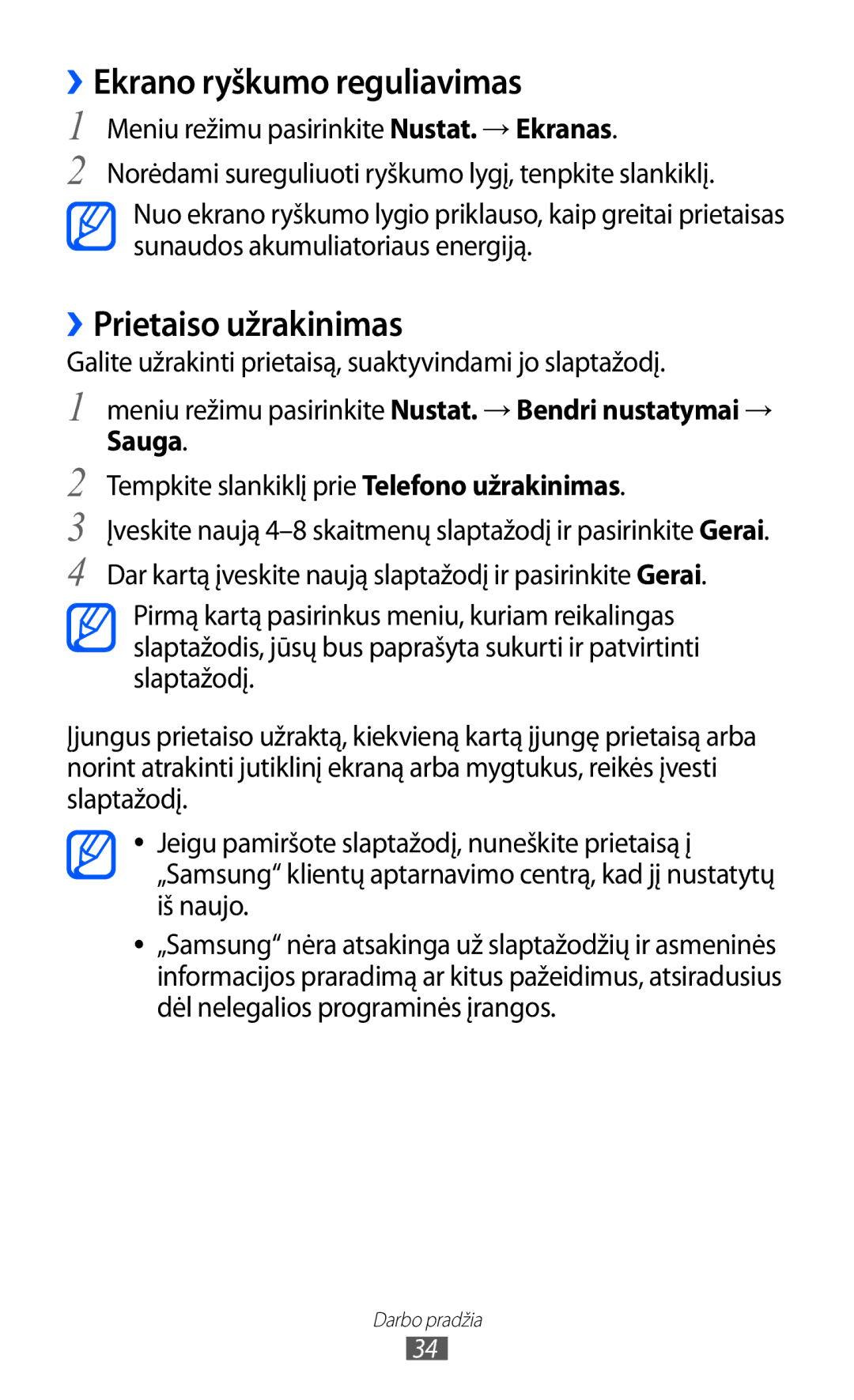 Samsung GT-S8530BAASEB manual ››Ekrano ryškumo reguliavimas, ››Prietaiso užrakinimas 