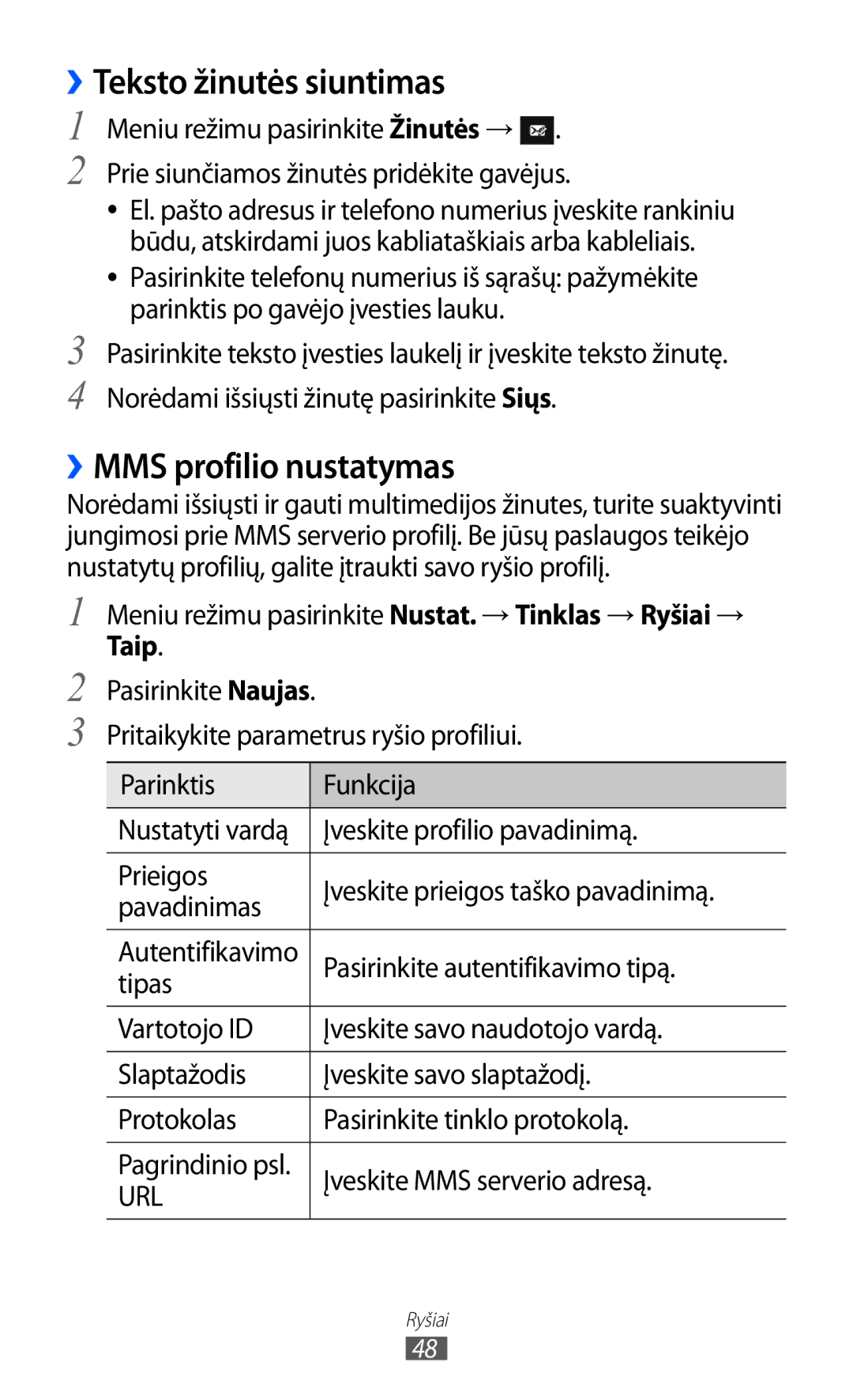 Samsung GT-S8530BAASEB manual ››Teksto žinutės siuntimas, ››MMS profilio nustatymas, Taip, Įveskite MMS serverio adresą 