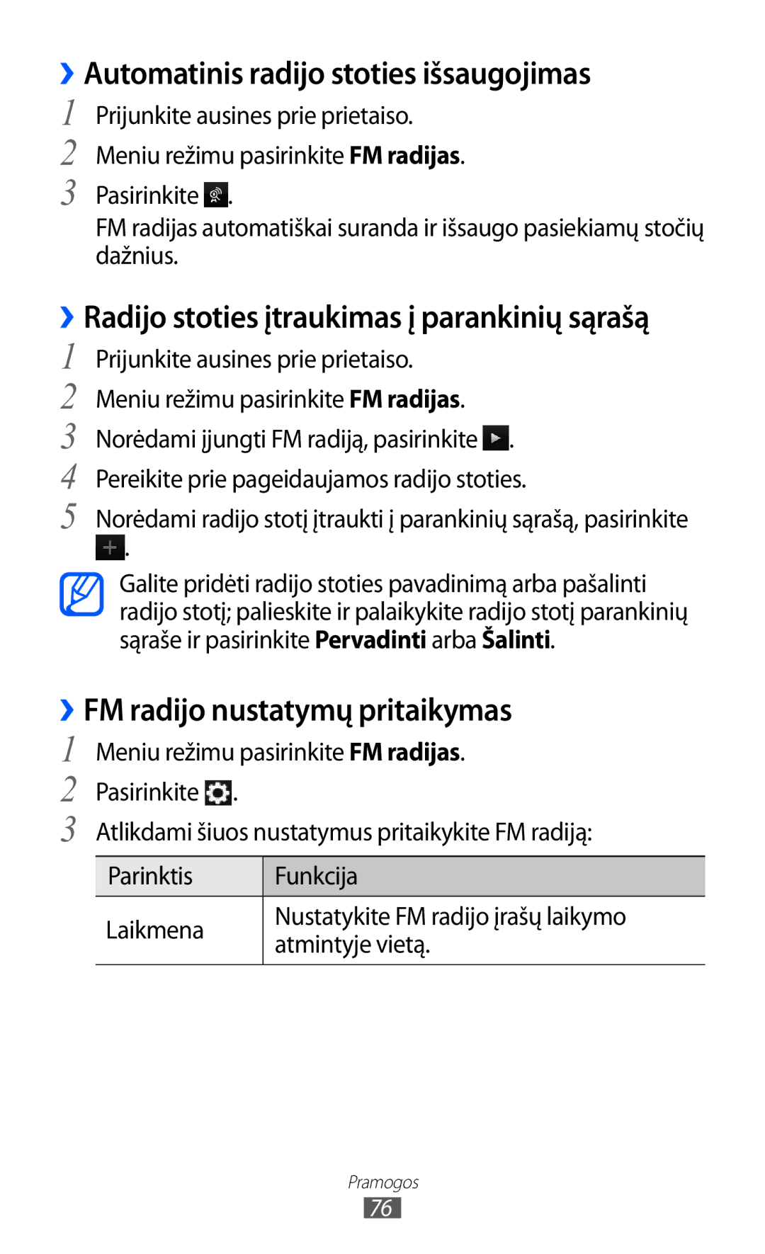 Samsung GT-S8530BAASEB manual ››Automatinis radijo stoties išsaugojimas, ››FM radijo nustatymų pritaikymas 