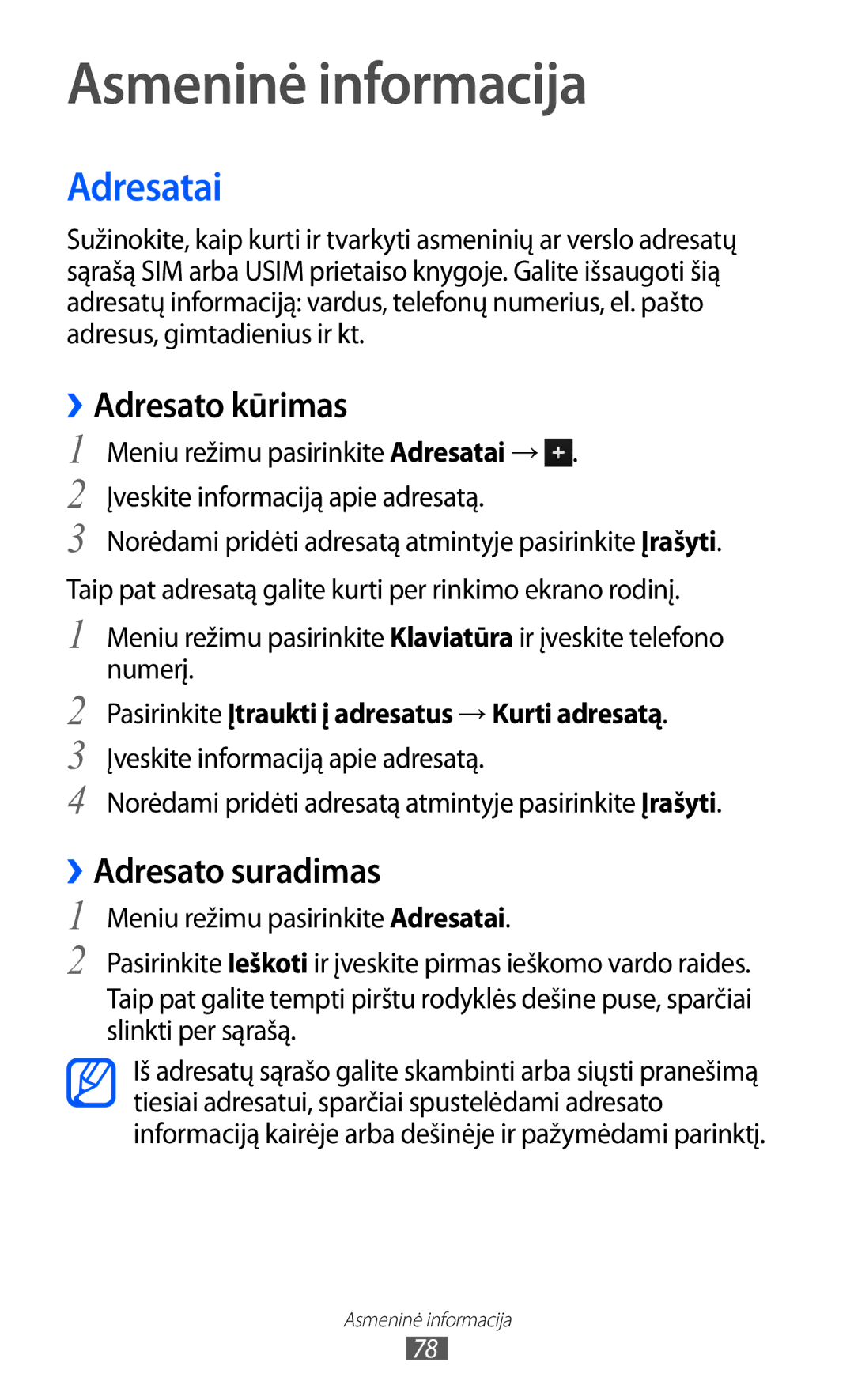 Samsung GT-S8530BAASEB manual Asmeninė informacija, Adresatai, ››Adresato kūrimas, ››Adresato suradimas 