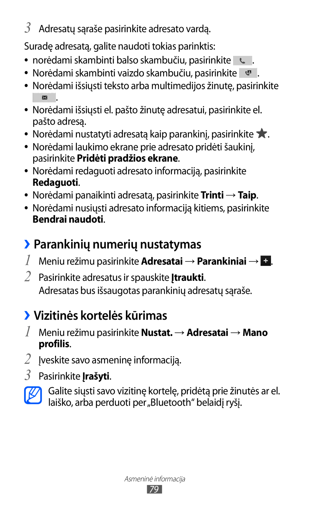 Samsung GT-S8530BAASEB manual ››Parankinių numerių nustatymas, ››Vizitinės kortelės kūrimas, Profilis 