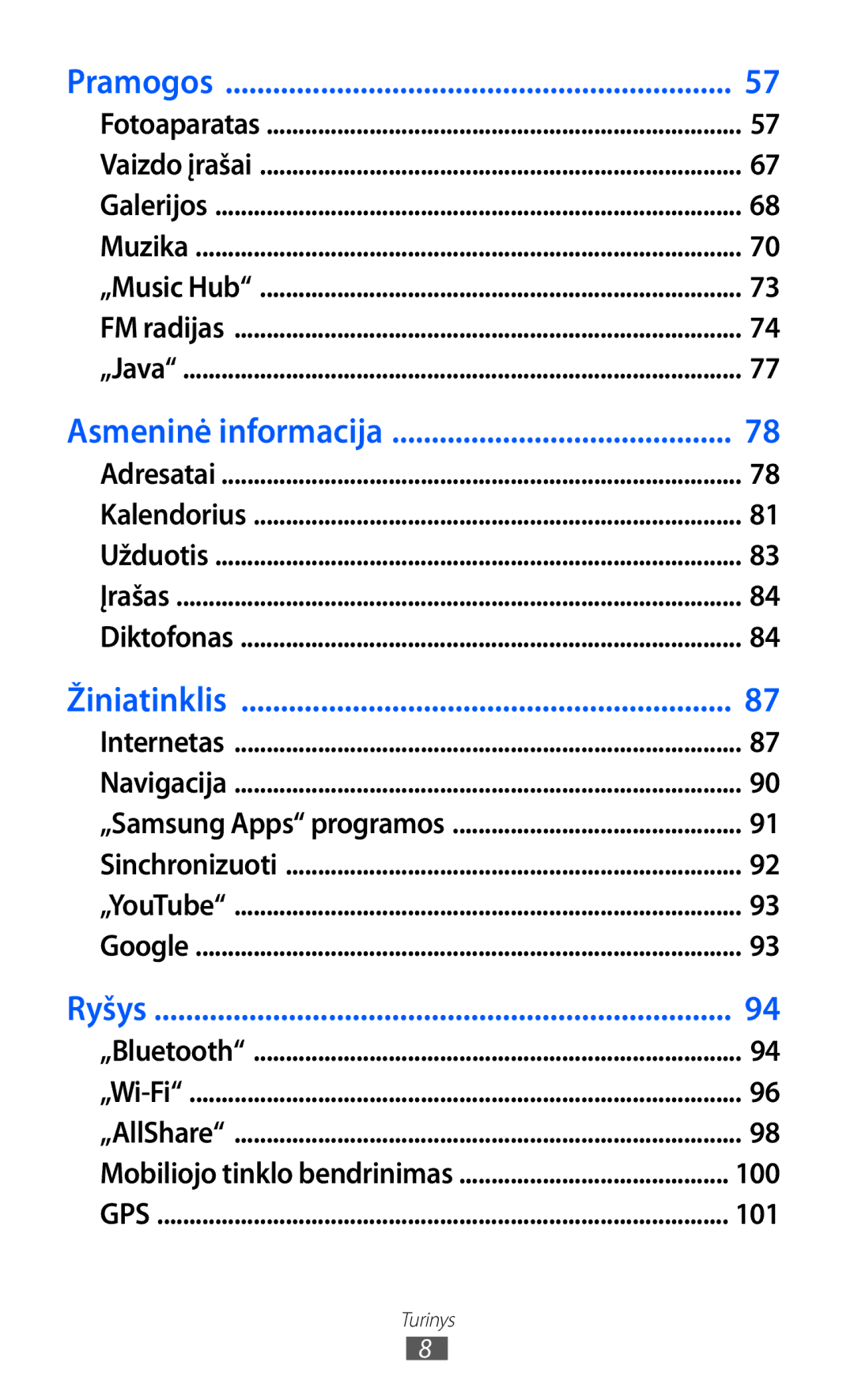 Samsung GT-S8530BAASEB manual Pramogos 