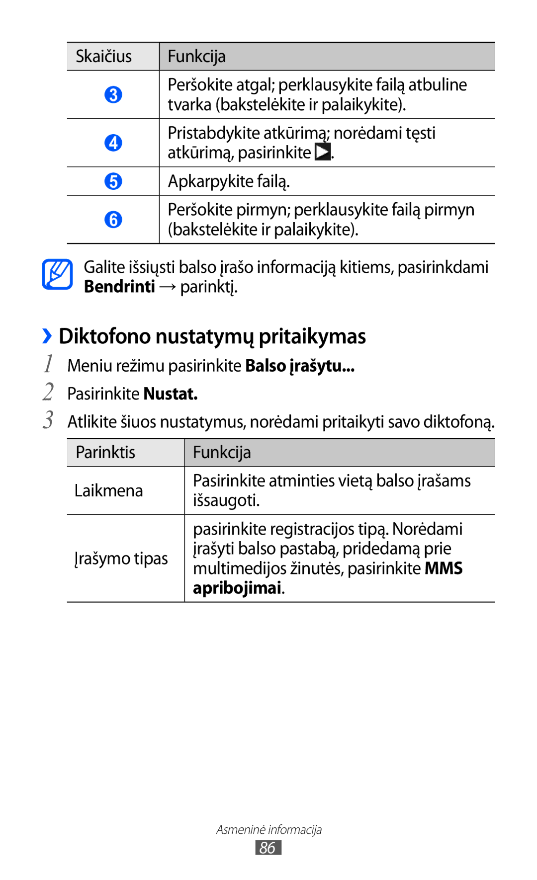 Samsung GT-S8530BAASEB manual ››Diktofono nustatymų pritaikymas, Meniu režimu pasirinkite Balso įrašytu Pasirinkite Nustat 