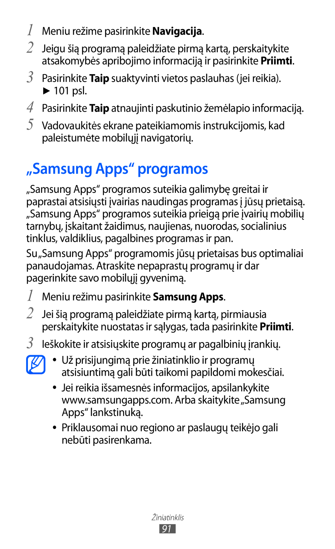 Samsung GT-S8530BAASEB manual „Samsung Apps programos, Meniu režime pasirinkite Navigacija 